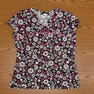 Floral V-Neck Scrub Top- Brown, Pink & White